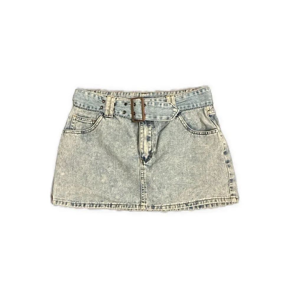 Sincerely Jules Light Blue Acid Wash Belted Mini Skirt 29 11